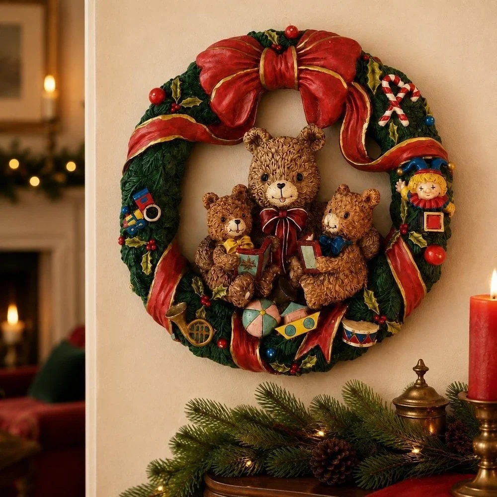 Vintage Teddy Bear Christmas Wreath - Resin Toyland Wall Plaque - Holiday Decor